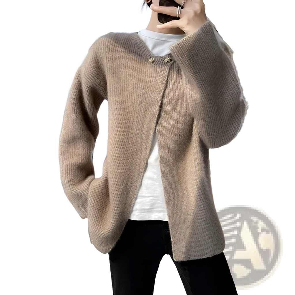 A soft beige wool cardigan for women with ribbed texture and decorative button closures for winter use