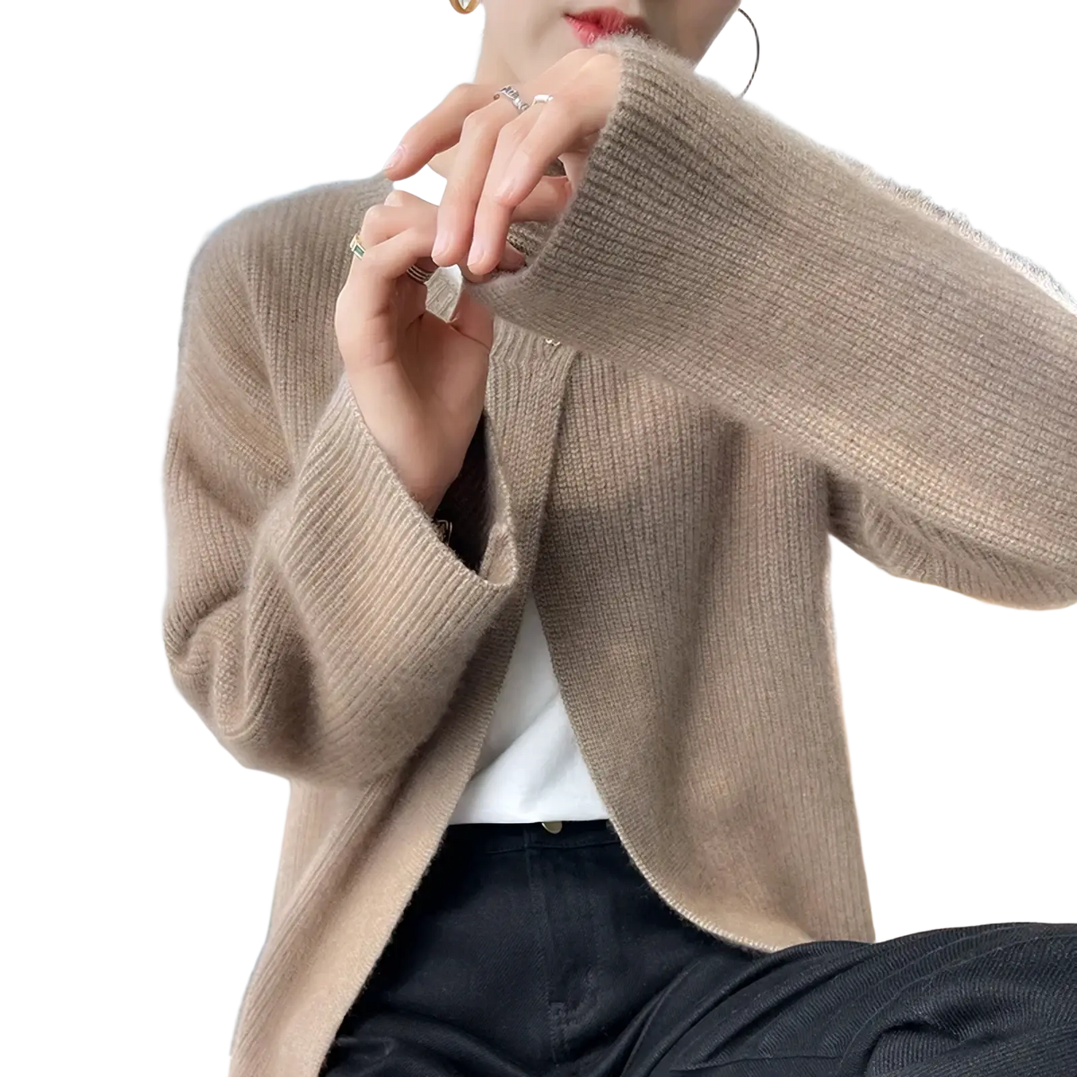 A soft beige ribbed knit wool cardigan with cozy texture and long sleeves for women winter sweater