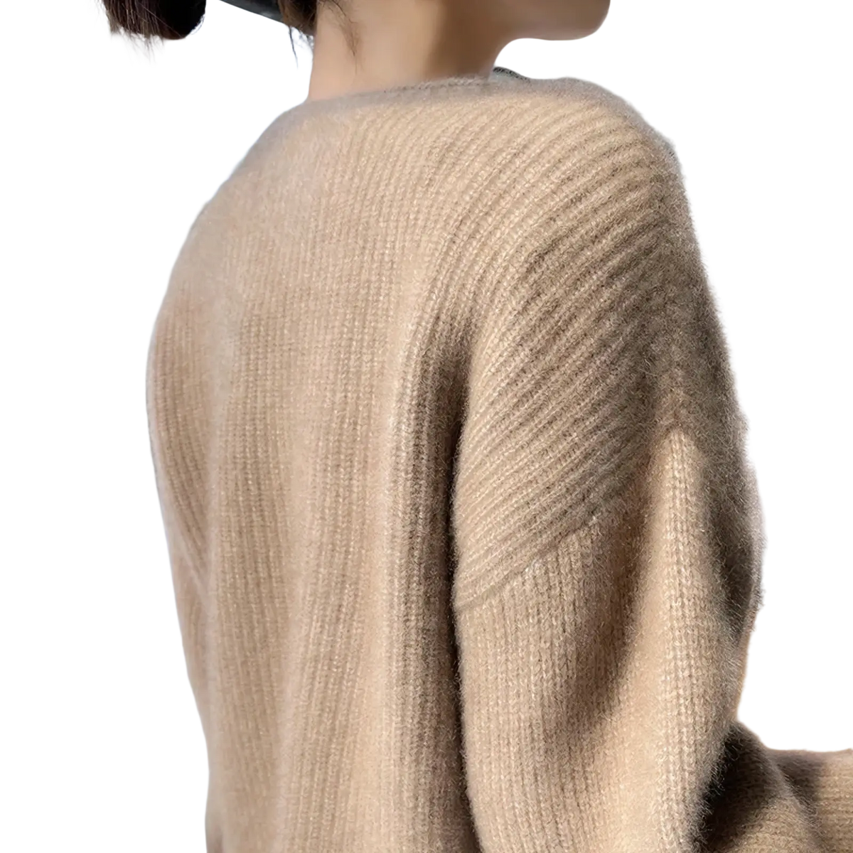 A soft beige ribbed wool cardigan for women with a cozy fuzzy texture ideal for winter wear