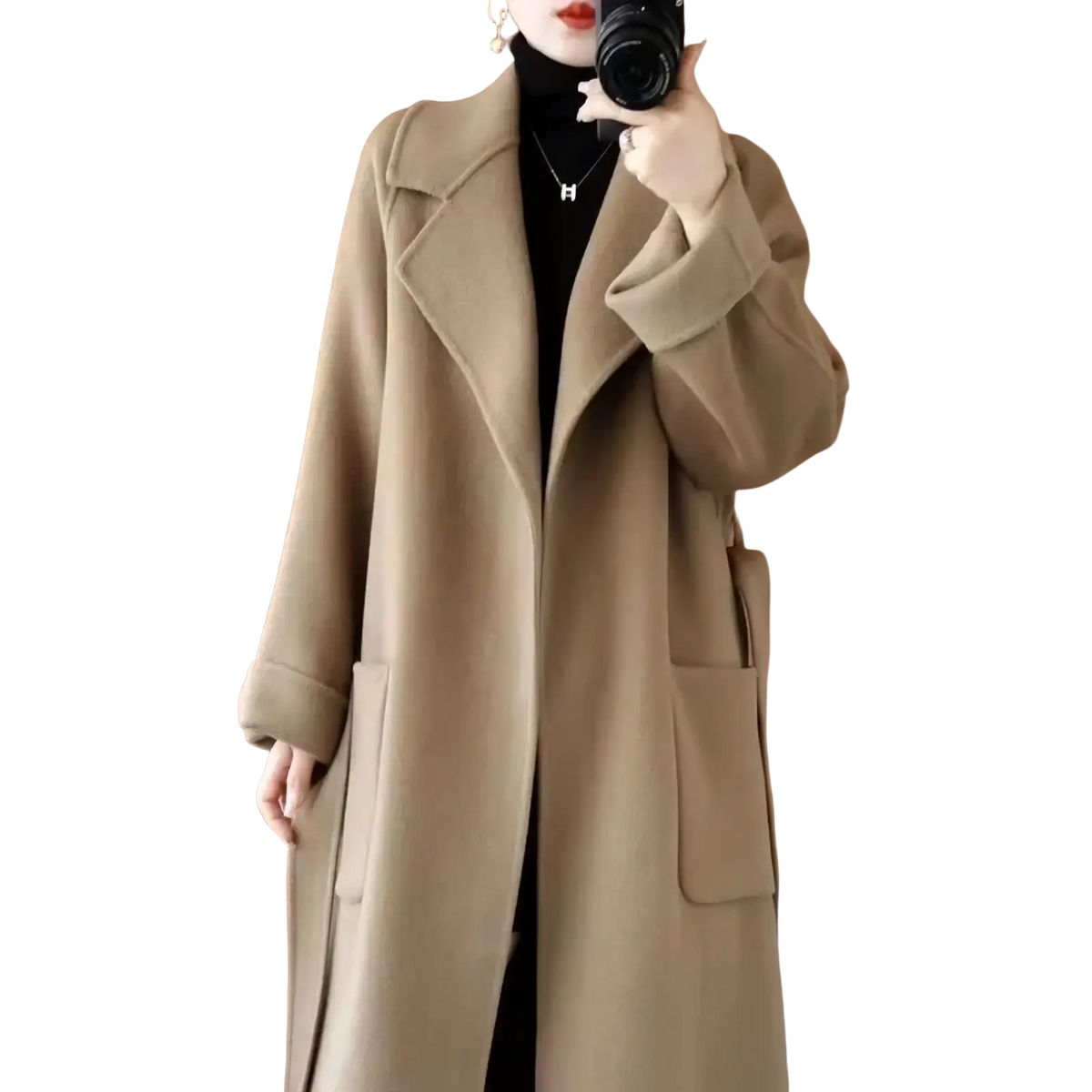 Beige wool cashmere belted long overcoat with classic collar and large front pockets in woolen fabric