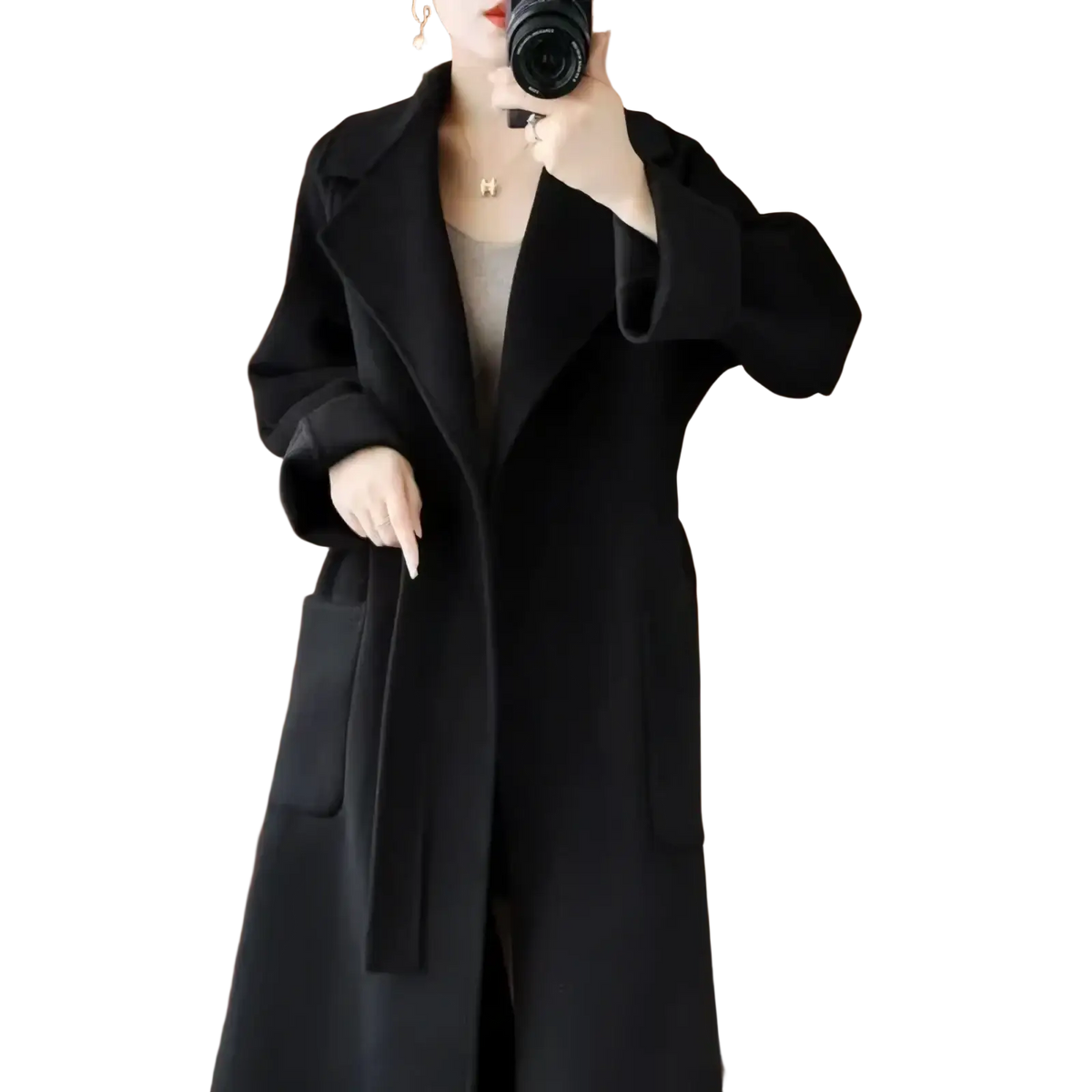 Black wool cashmere belted long overcoat with classic double breasted design and wide lapels