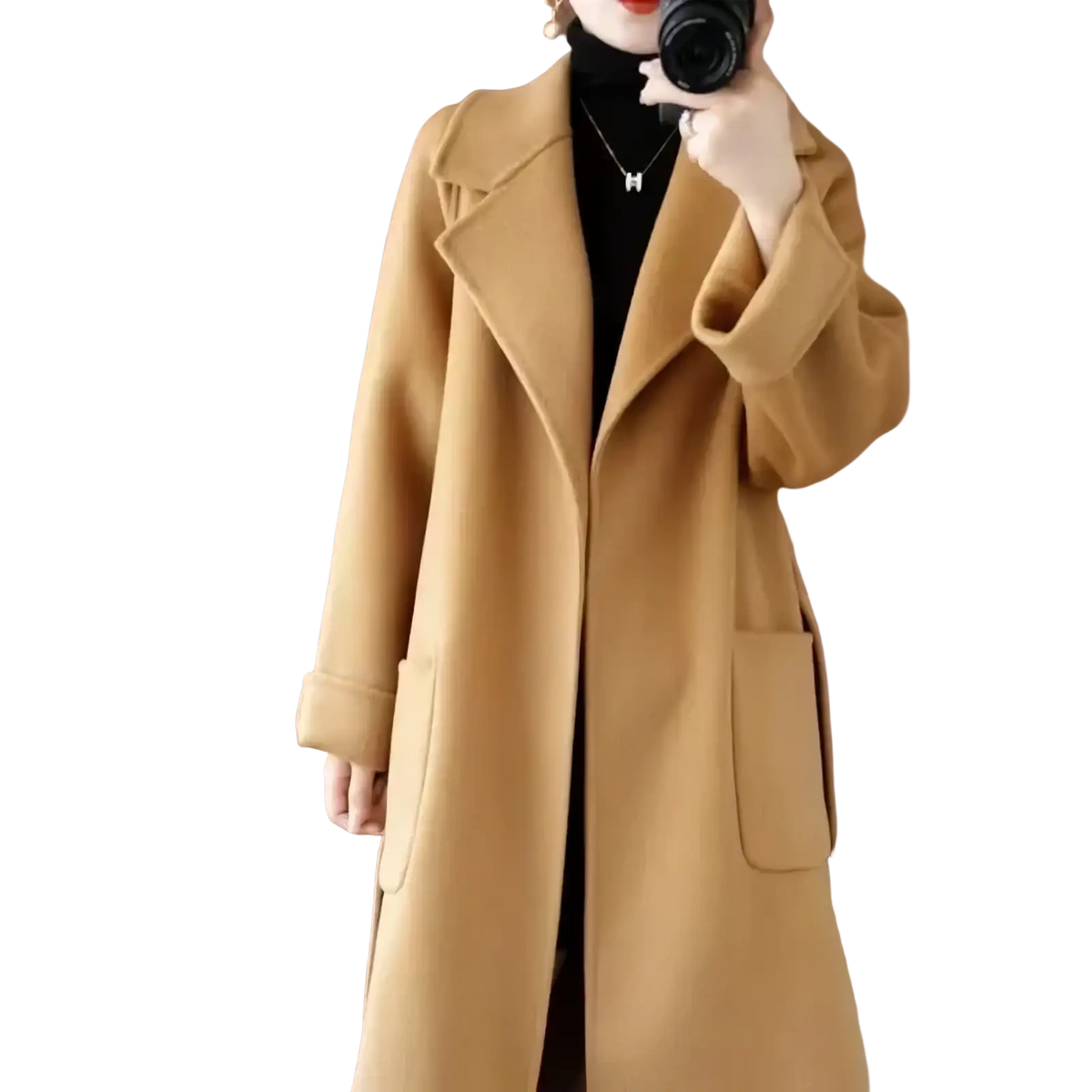Camel-colored wool cashmere belted long overcoat with notched collar and large patch pockets front view