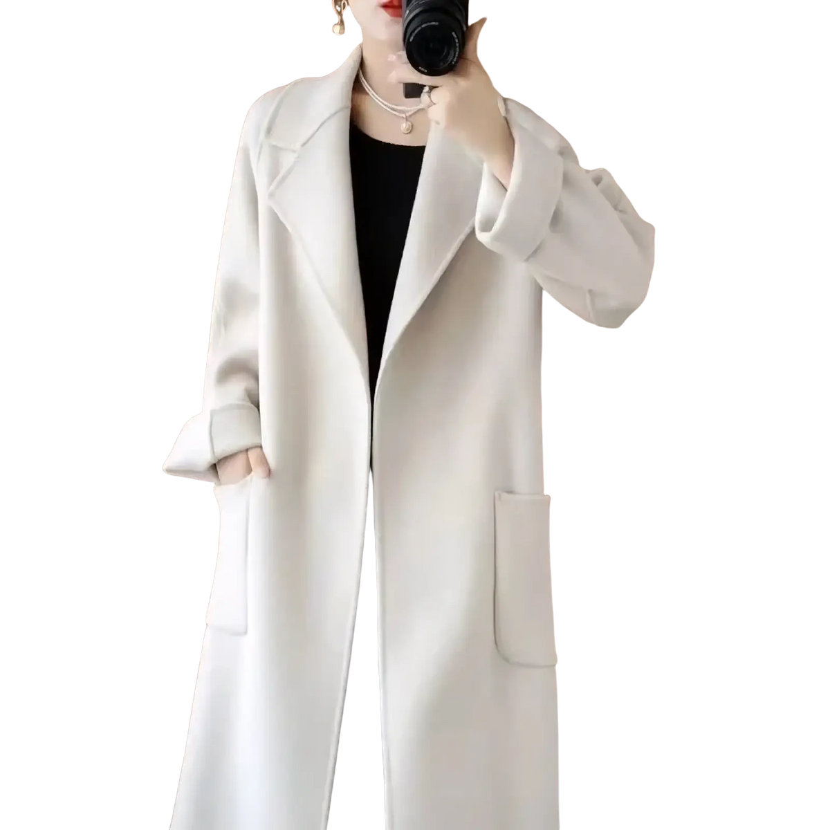 Off-white wool cashmere belted long overcoat with classic notched collar and large patch pockets in a longline fit