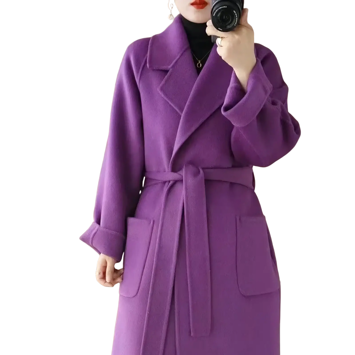 A rich purple wool cashmere belted long overcoat with soft texture and wide lapels for elegant outerwear