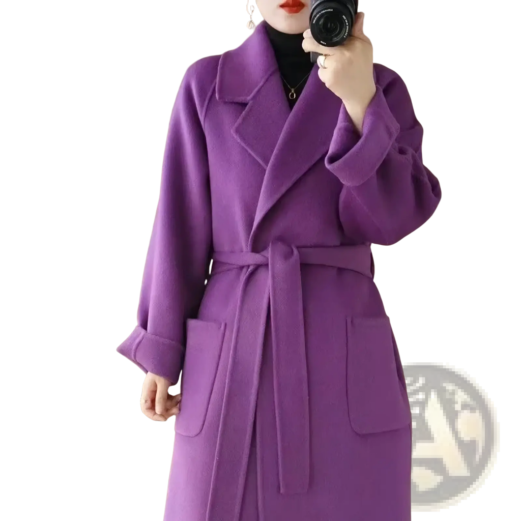 A rich purple wool cashmere belted long overcoat with soft texture and wide lapels for elegant outerwear
