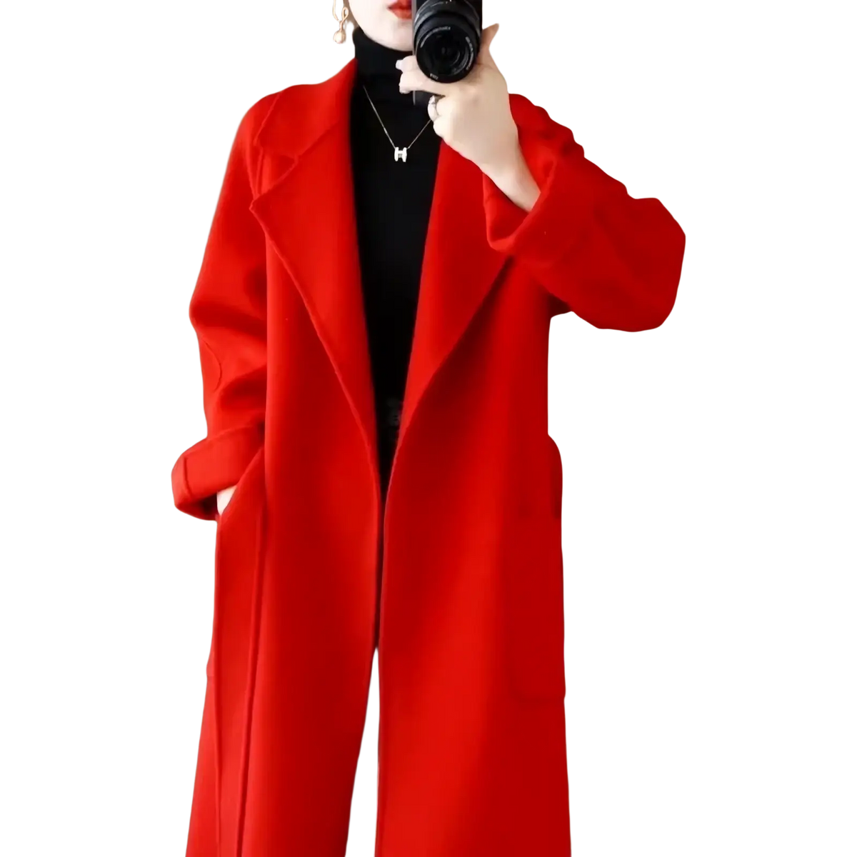 A vibrant red wool cashmere belted long overcoat with a classic double breasted design and wide lapels