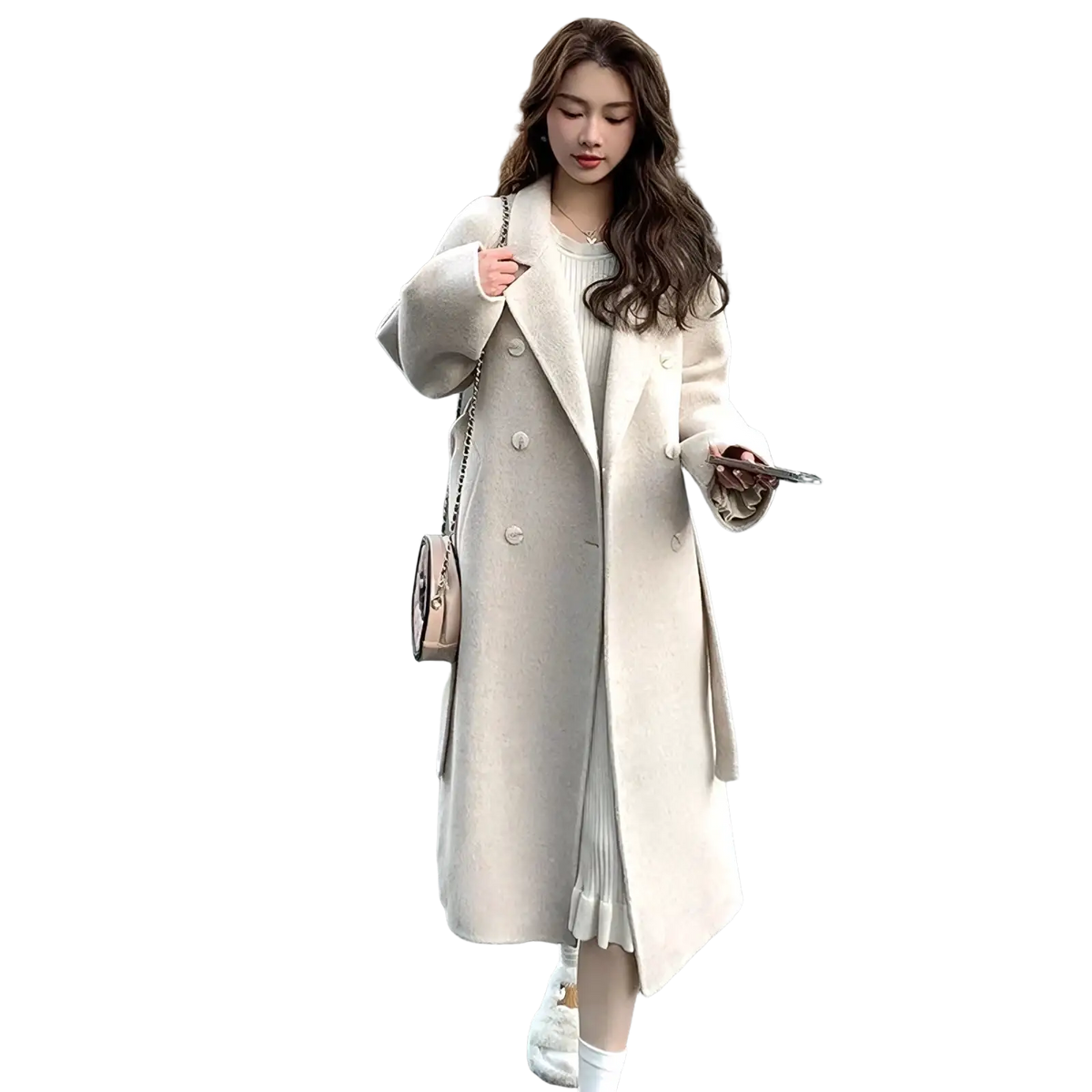 Beige double-breasted wool coat for women with classic tailored fit and button closures in long belted cashmere design