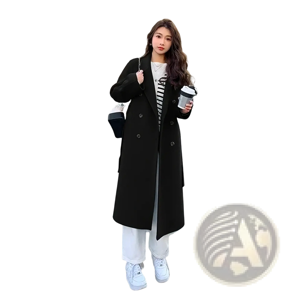 Black wool double-breasted overcoat with sleek tailored fit and classic button closure for women long cashmere coat