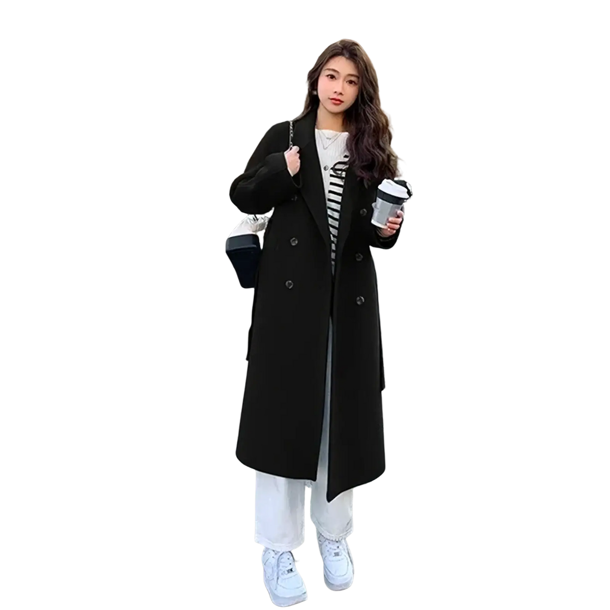 Black wool double-breasted overcoat with tailored fit and classic button closure for women winter wear