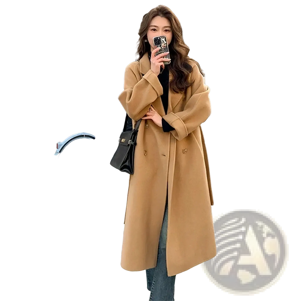 A long camel-colored wool coat for women with classic double-breasted design and wide lapels
