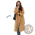 A long camel-colored wool coat for women with classic double-breasted design and wide lapels