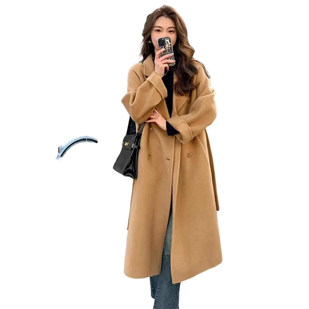 A long camel-colored wool coat for women with classic double-breasted design and wide lapels