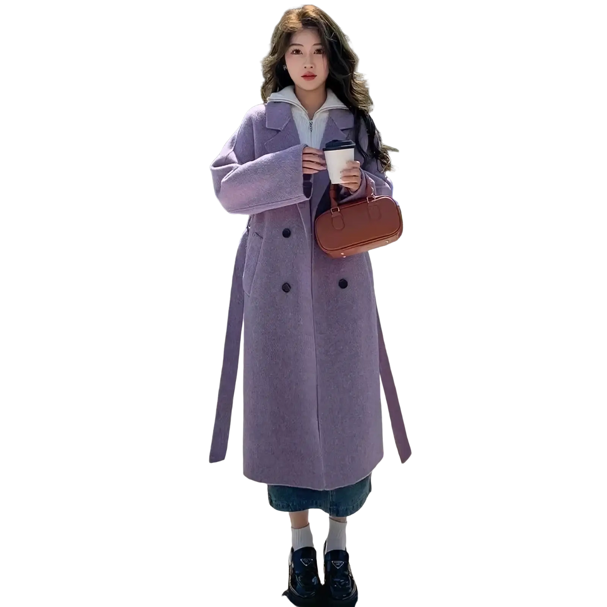 Lavender woolen double-breasted wool coat for women with white inner collar and black buttons long belted cashmere overcoat