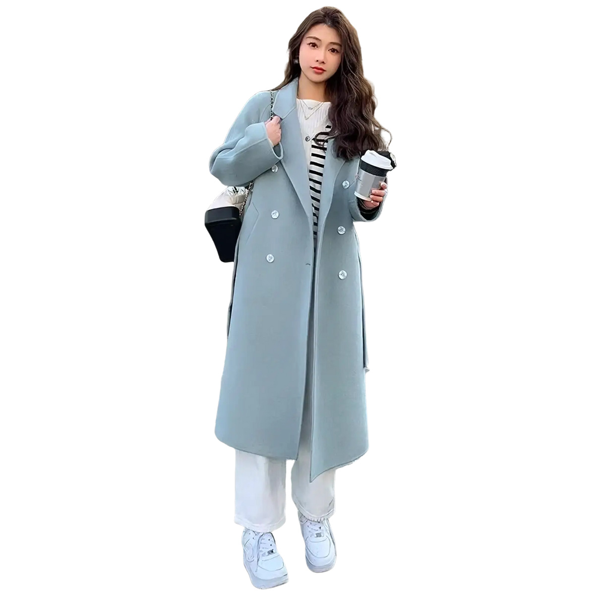 A light blue double-breasted wool coat with silver buttons from the women long belted cashmere overcoat collection