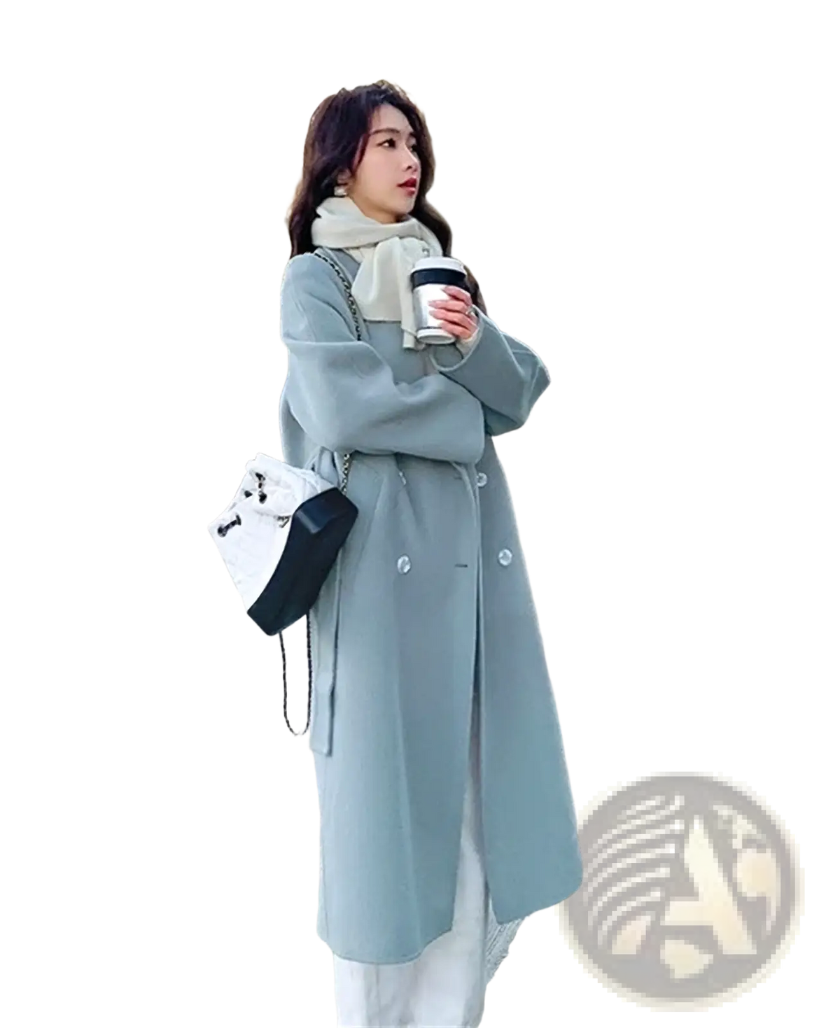 A light blue longline wool coat for women with double-breasted front and large buttons cashmere overcoat