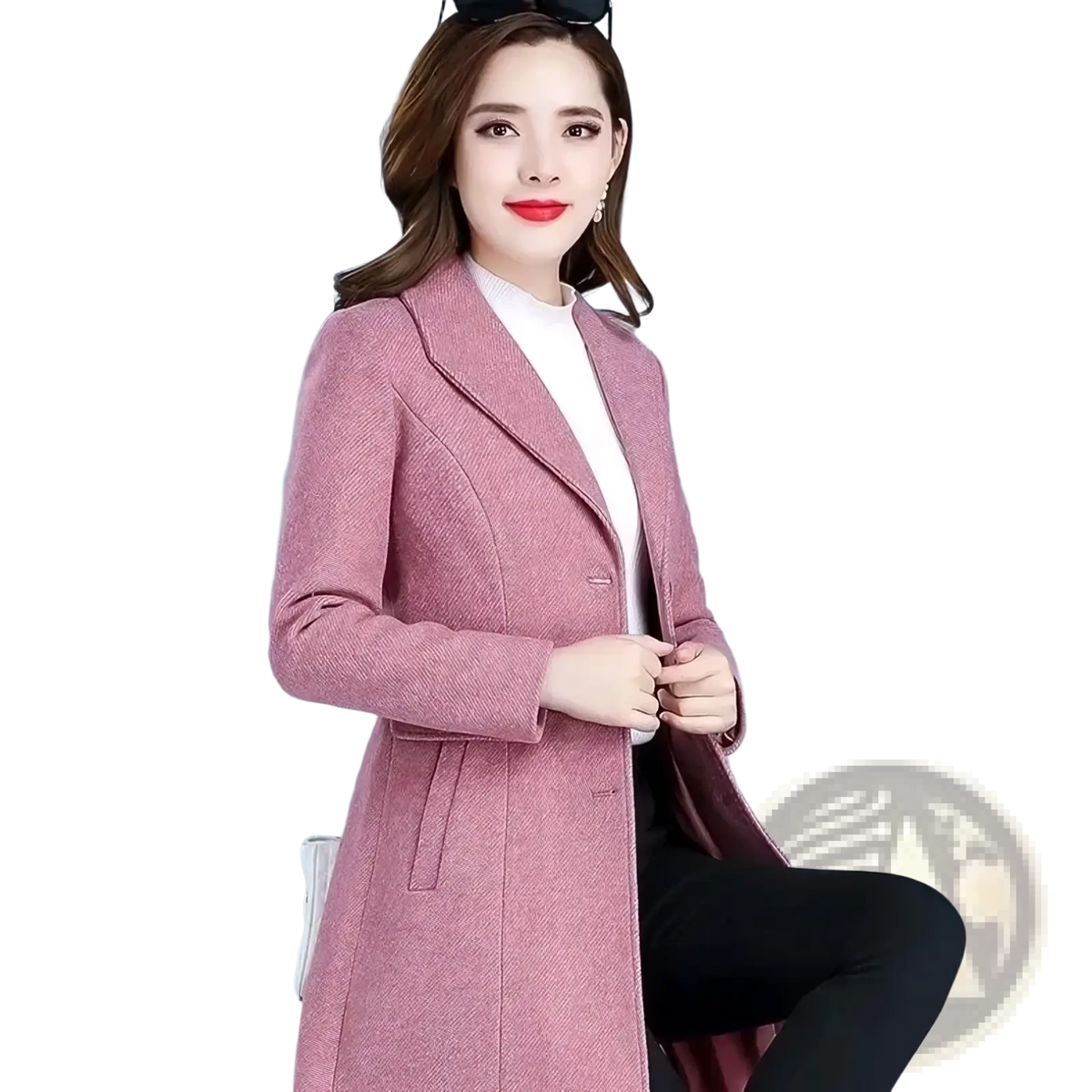 A stylish pink herringbone wool coat for women with double-breasted design and notched lapels for winter wear