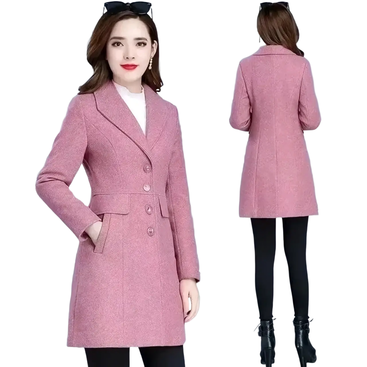 A pink textured wool coat for women with a double-breasted front and belt detail slim long winter outerwear
