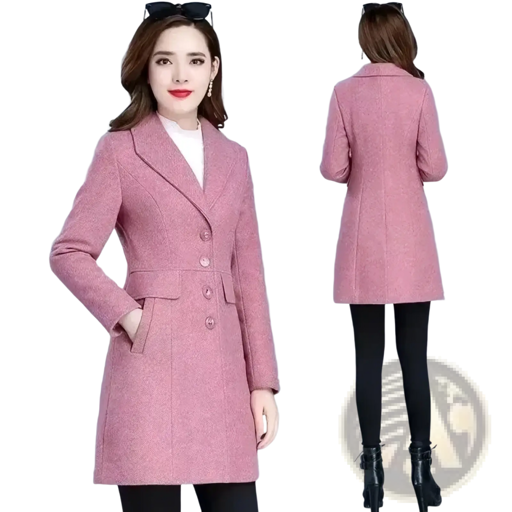 Pink textured wool coat for women with double-breasted front and belt detail slim long winter outerwear