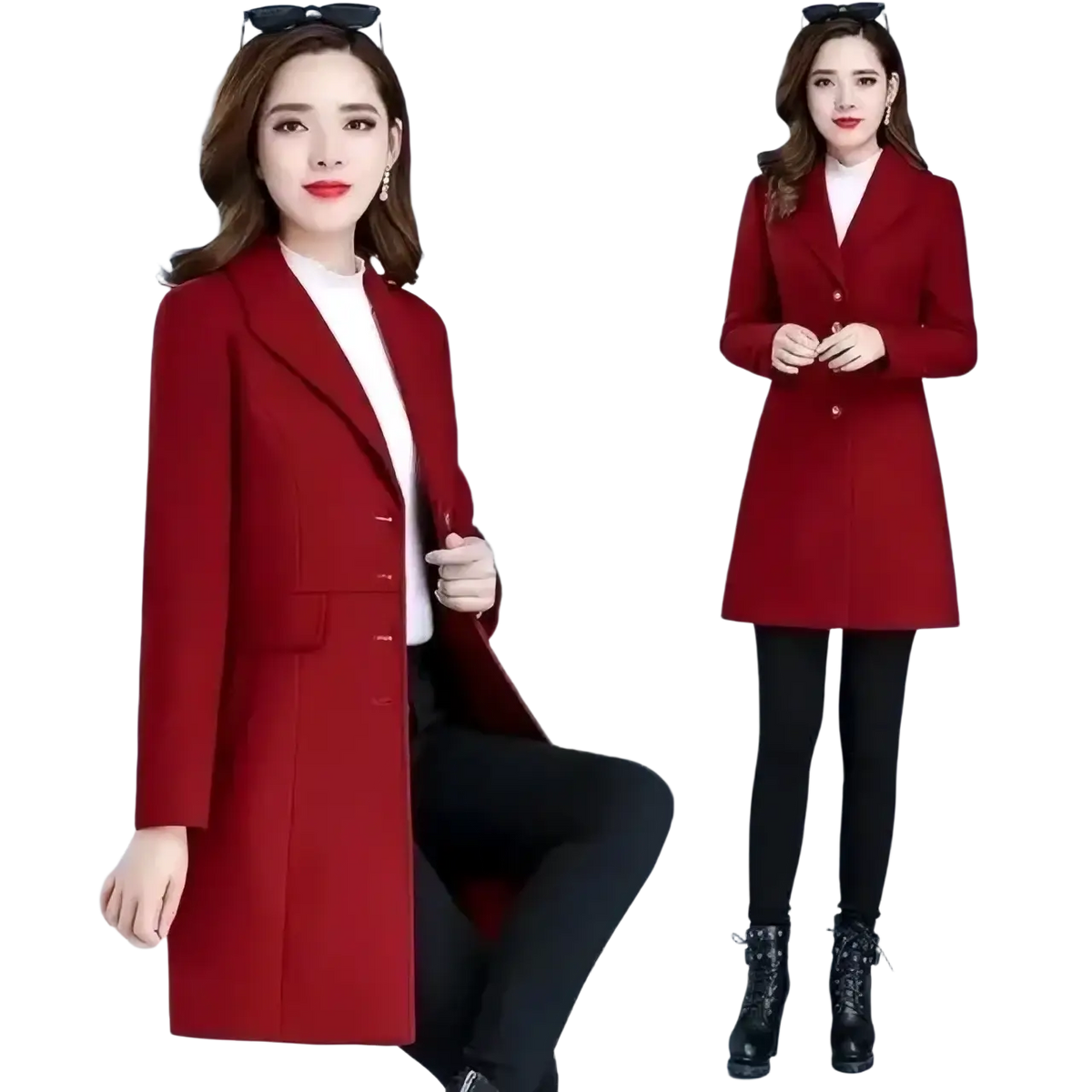 A rich red wool coat for women knee-length with double-breasted design and notched lapels for winter outerwear