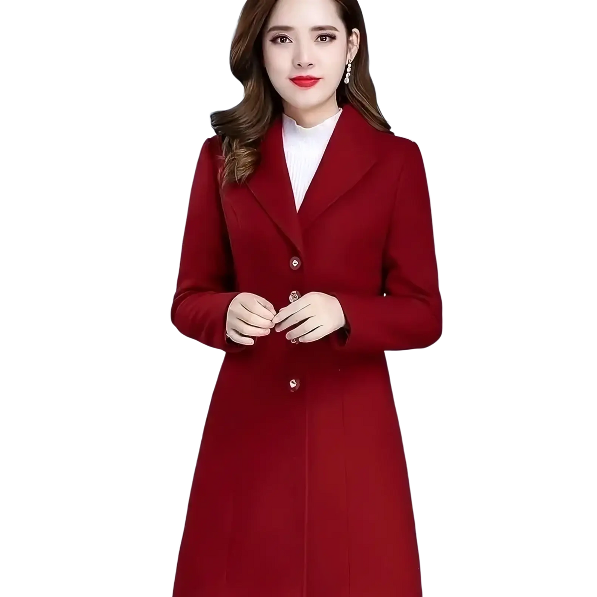 A rich red longline wool coat for women with a slim fit double-breasted design and matching button accents