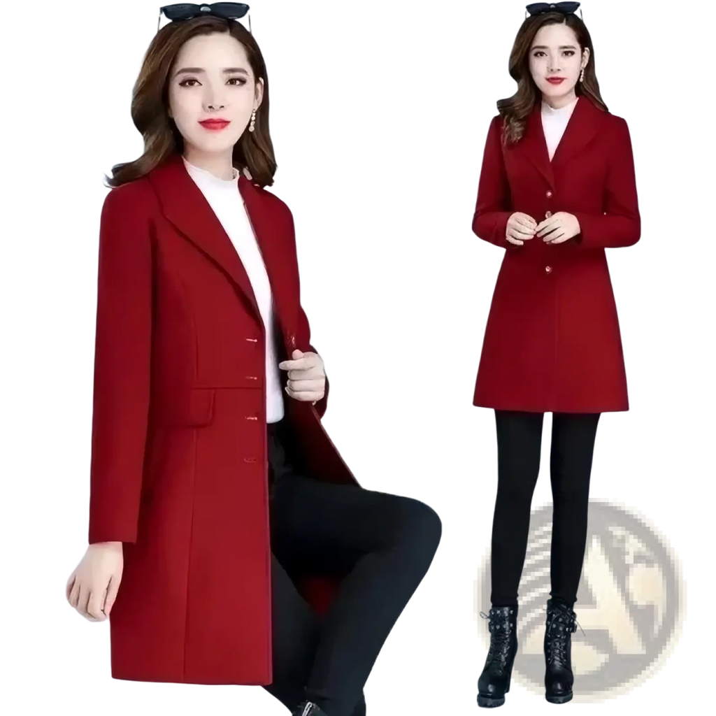 A rich red wool coat for women with a slim fit, long sleeves, classic blazer design, and button closure