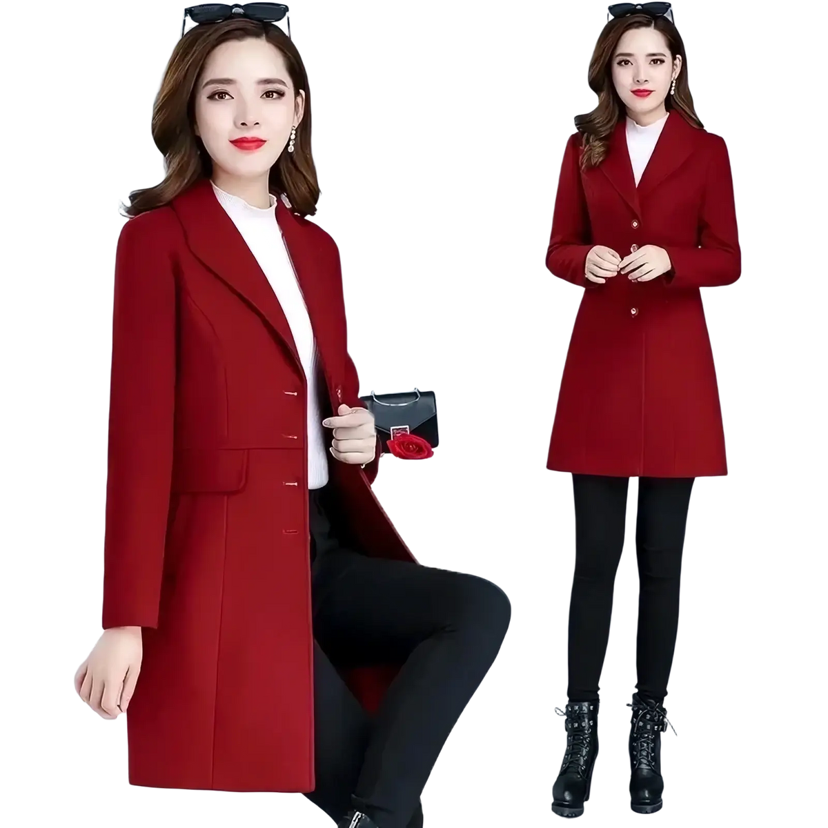 A stylish deep red wool blend slim long winter coat for women with a classic double-breasted design and notched lapels
