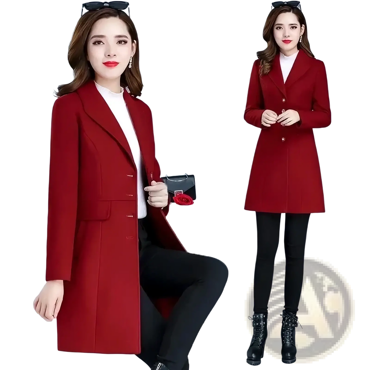 A stylish deep red wool blend slim long winter coat for women with a classic double-breasted design and notched lapels