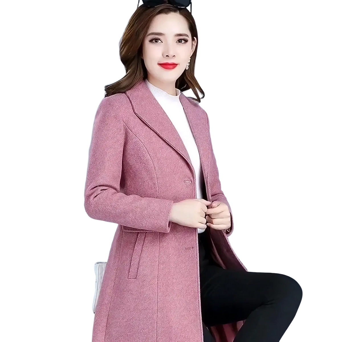 A stylish pink herringbone wool coat for women with double-breasted design and notched lapels for winter wear