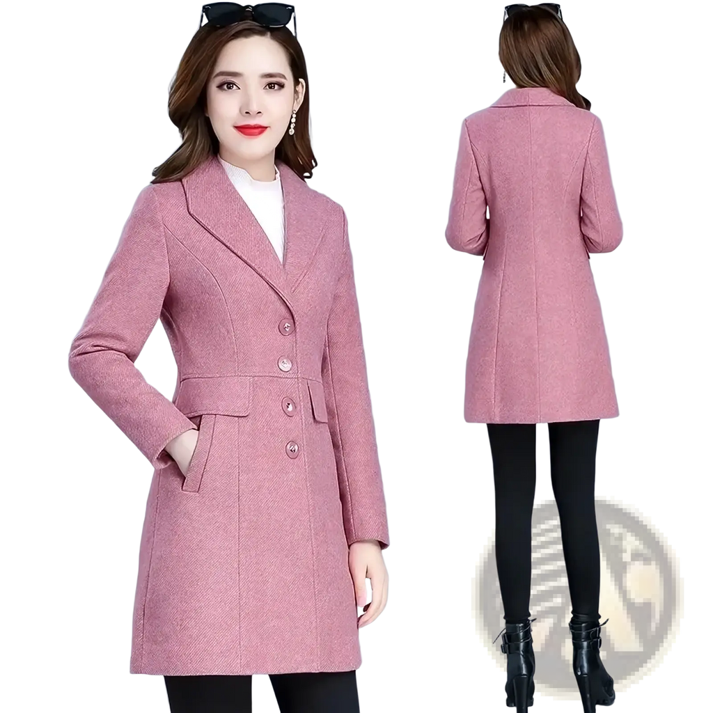 A stylish pink herringbone wool coat for women with double-breasted front and matching buttons for winter outerwear