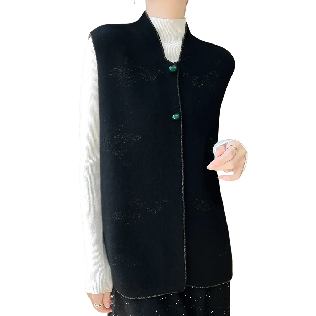 Black wool knitted sleeveless vest with subtle embroidered patterns and jade green buttons for women