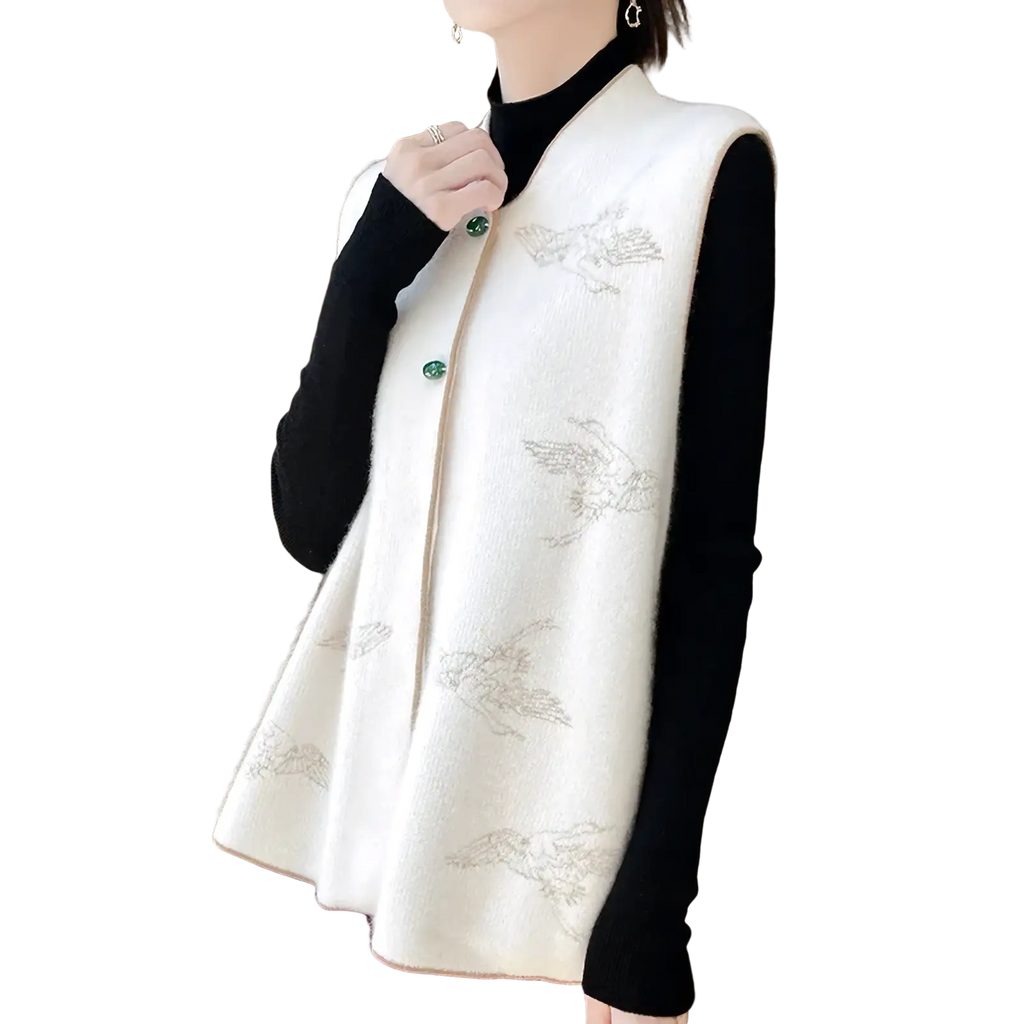 Cream-colored wool embroidered vest for women with delicate silver bird embroidery and green button closures