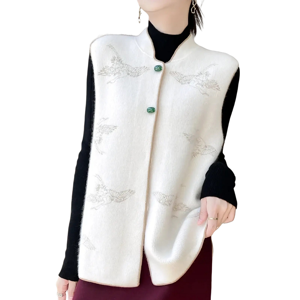 Cream-colored wool embroidered vest for women with delicate silver bird embroidery and jade green buttons