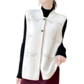 Cream-colored wool embroidered vest for women with delicate silver bird embroidery and jade green buttons