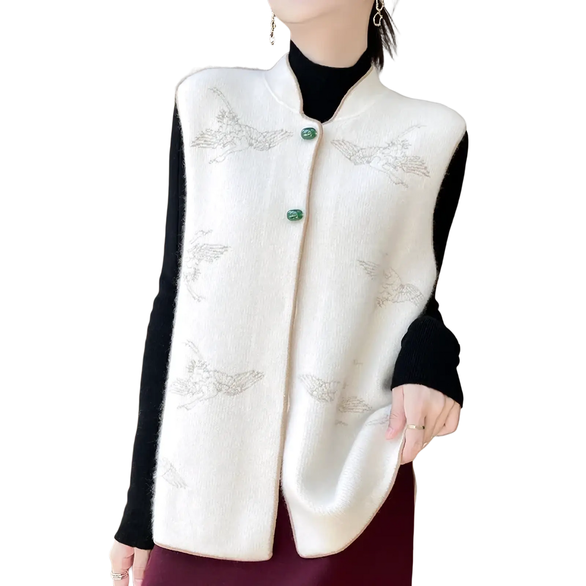Cream-colored wool embroidered vest for women with delicate silver bird embroidery and jade green buttons