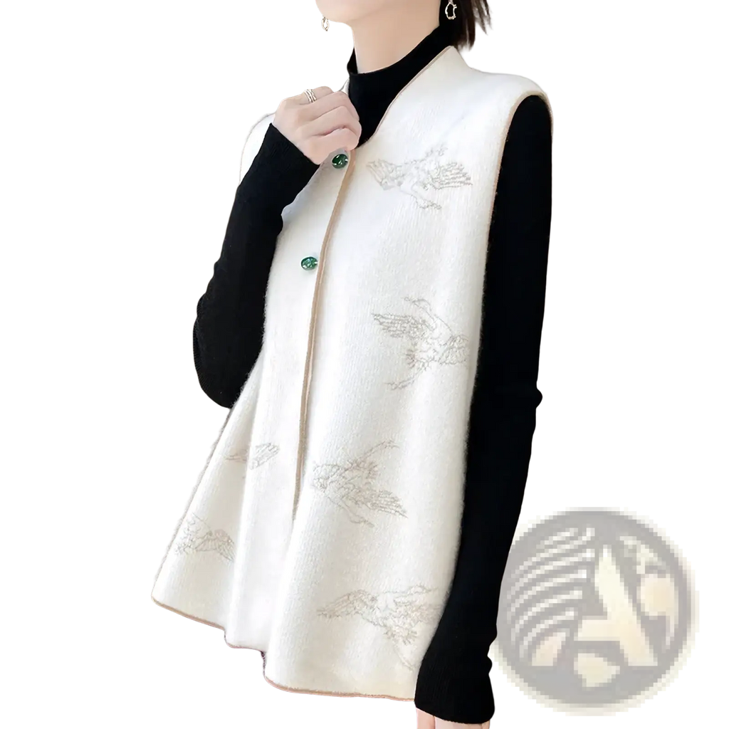 Cream-colored wool embroidered vest for women featuring delicate silver bird embroidery and green button closures