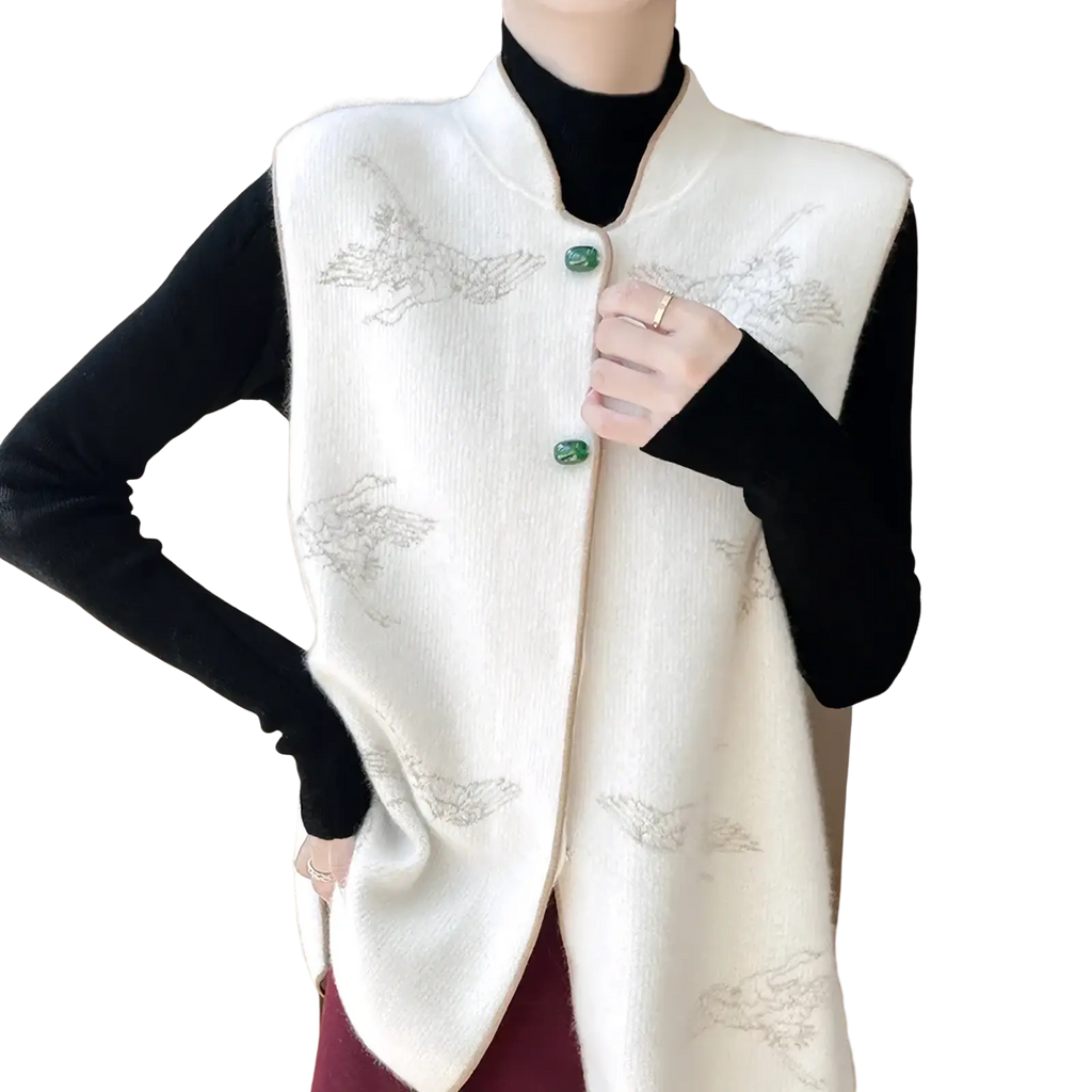 Cream-colored wool embroidered vest for women with subtle bird patterns and jade green buttons