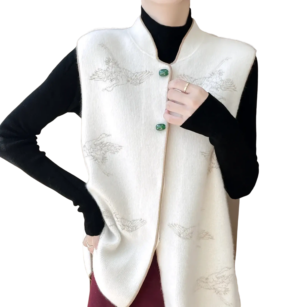 Cream-colored wool embroidered vest for women with subtle bird patterns and jade green buttons
