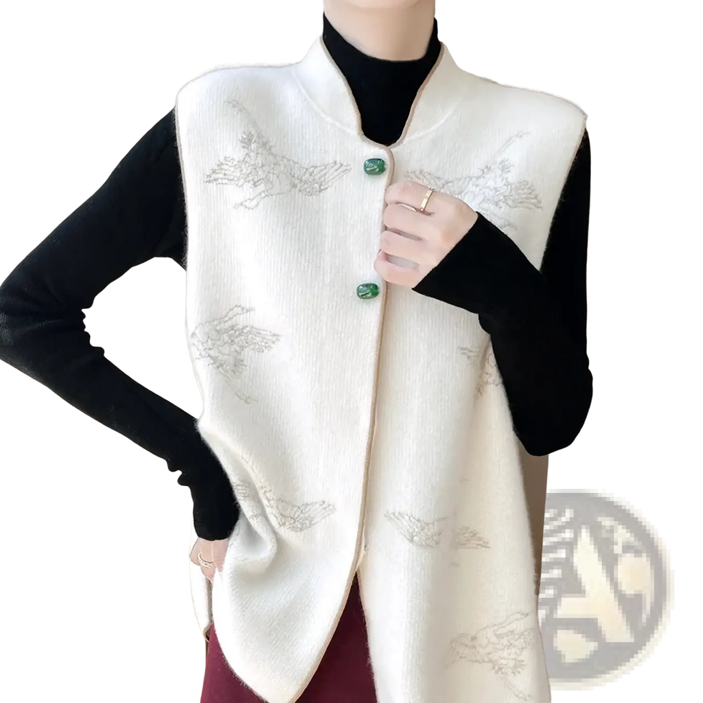 Cream-colored wool embroidered vest for women featuring subtle bird patterns and jade green buttons