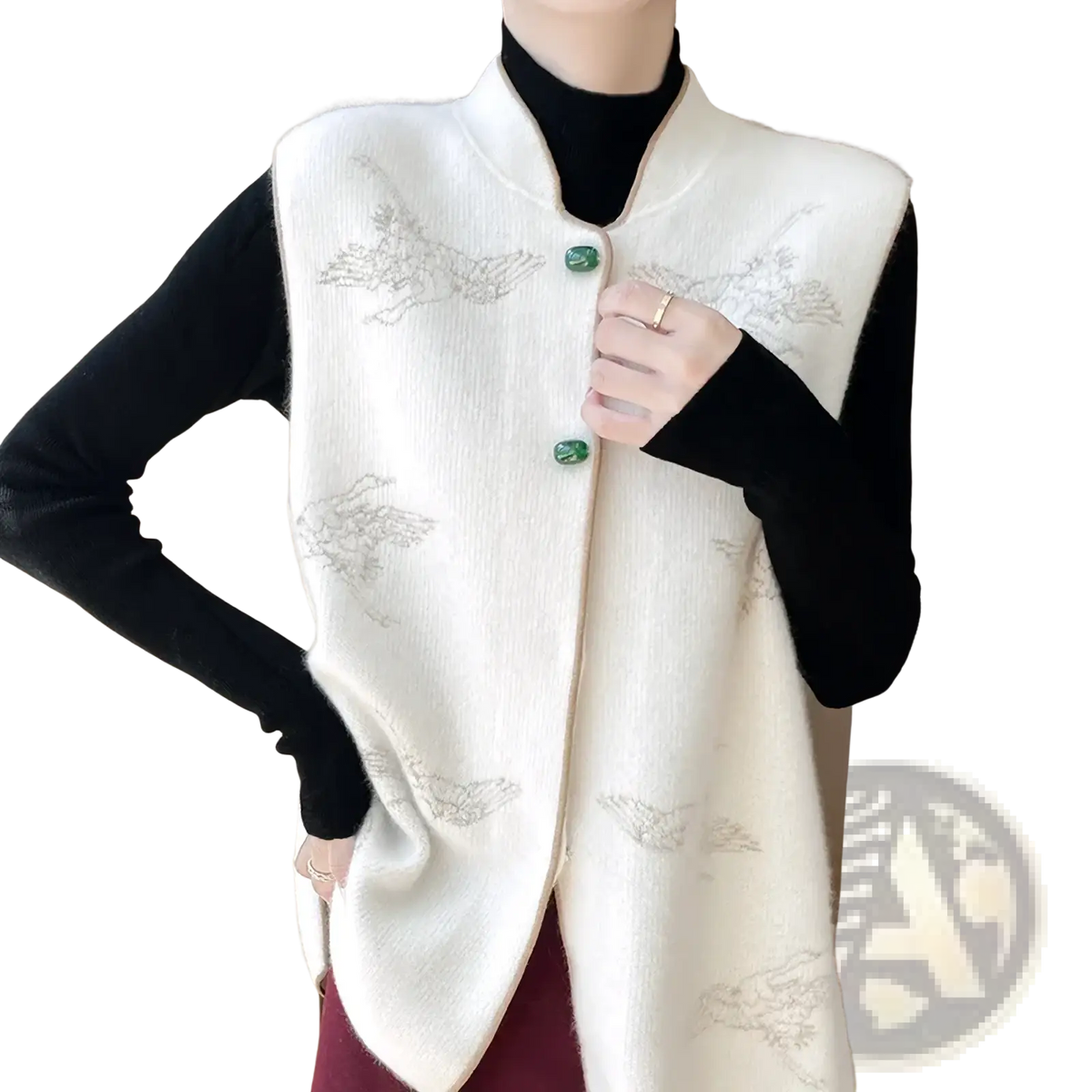 Cream-colored wool embroidered vest for women featuring subtle bird patterns and jade green buttons