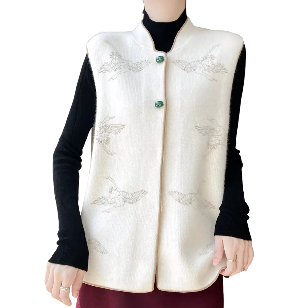 Cream-colored wool embroidered vest for women with plush knit texture silver bird embroidery and jade green buttons