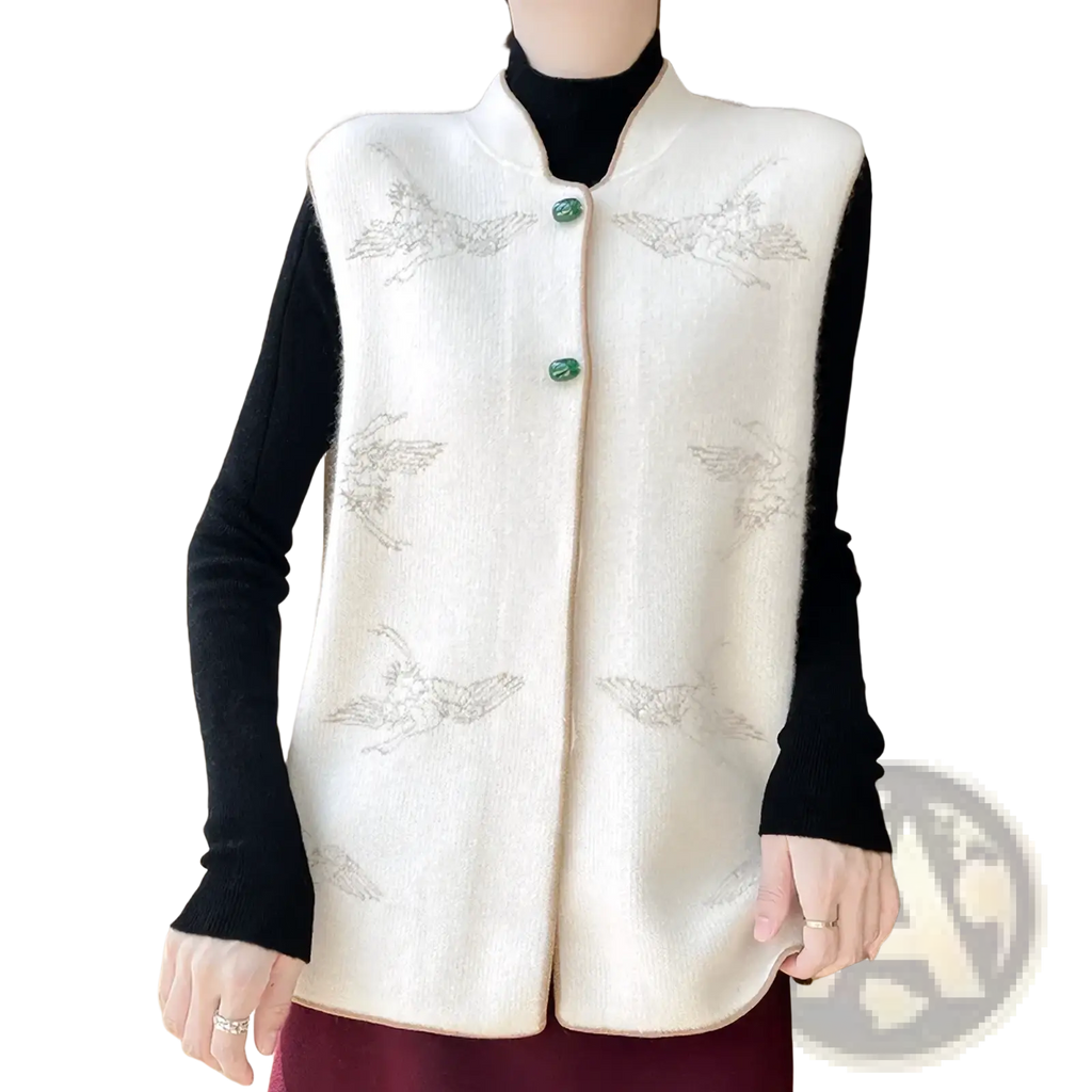 Cream-colored wool embroidered vest for women with plush knit, silver bird embroidery, and jade green buttons