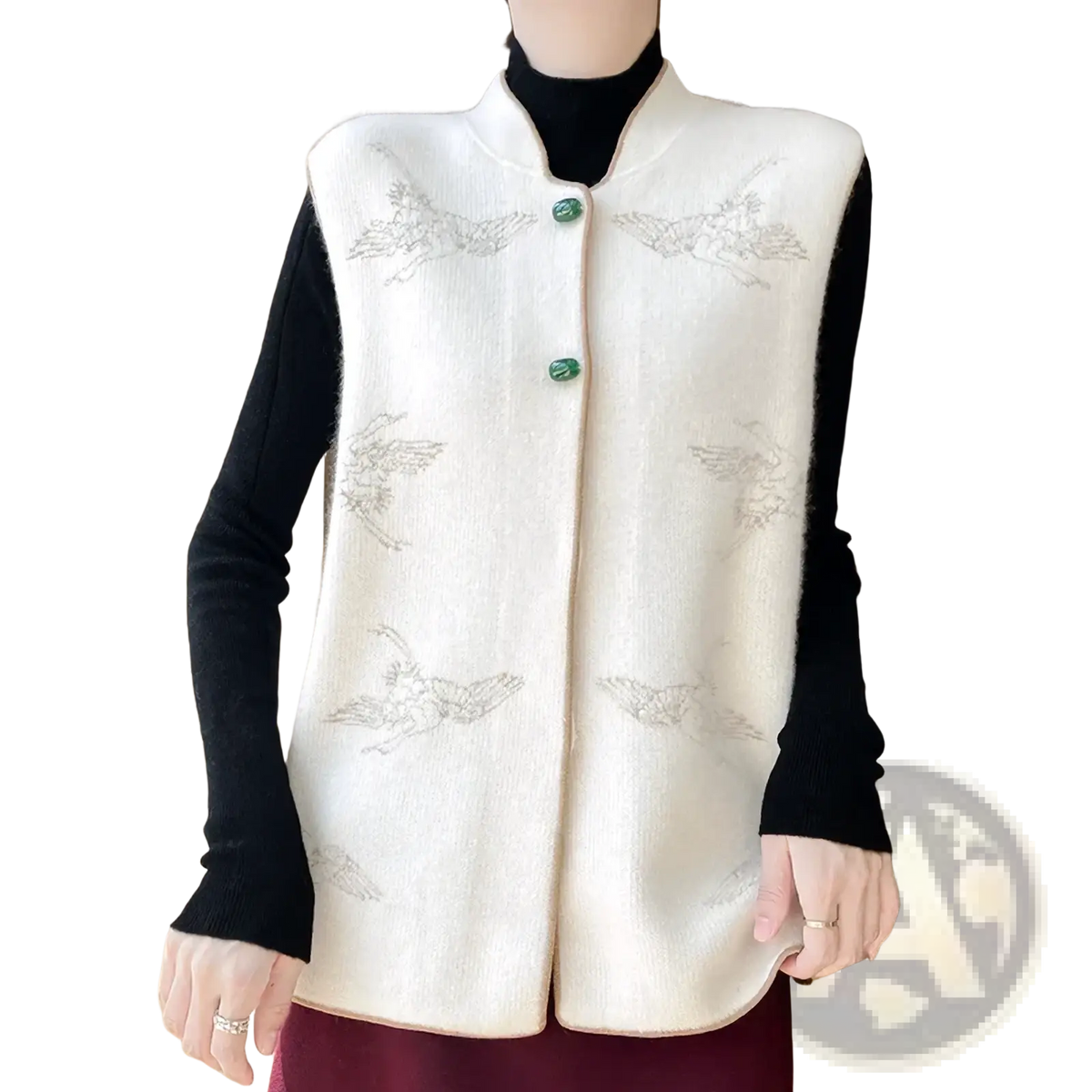 Cream-colored wool embroidered vest for women with plush knit, silver bird embroidery, and jade green buttons