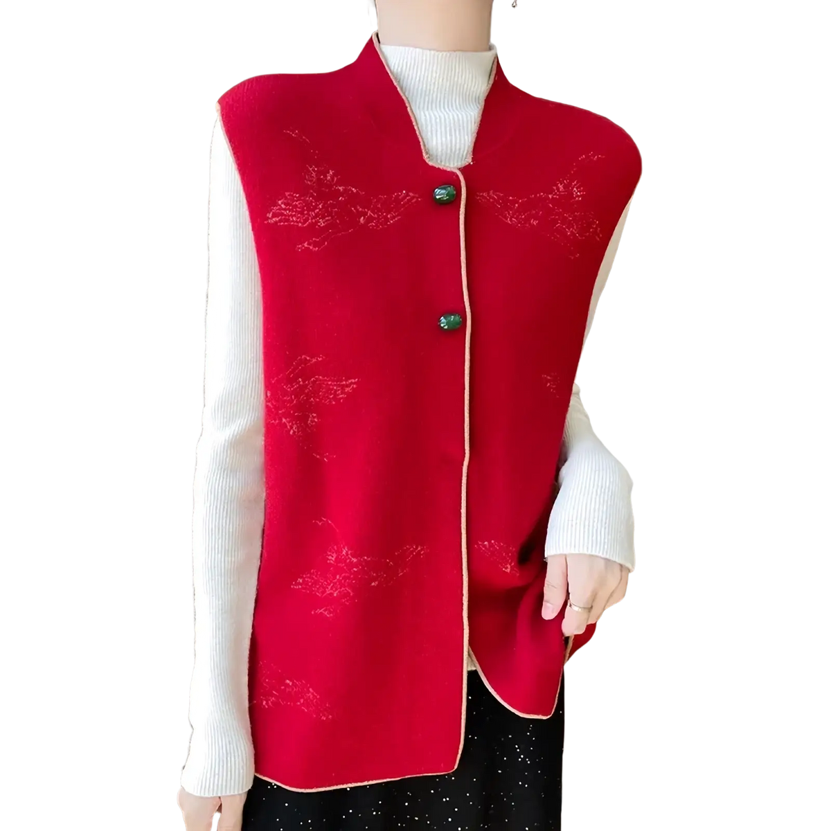 Wool embroidered vest for women in red knitted sleeveless design with floral patterns and green button closures