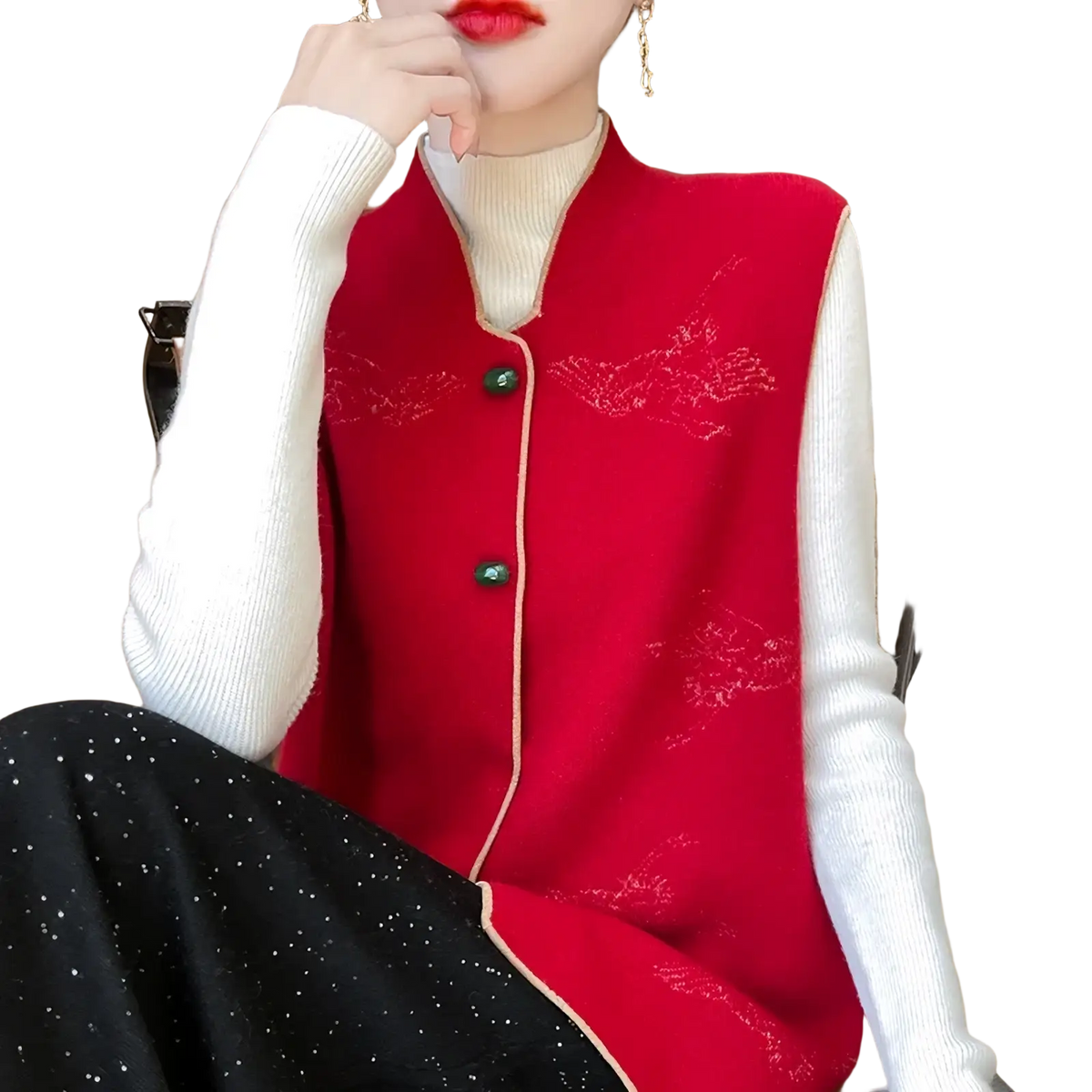 Vibrant red wool embroidered vest for women featuring delicate gold embroidery and green buttons