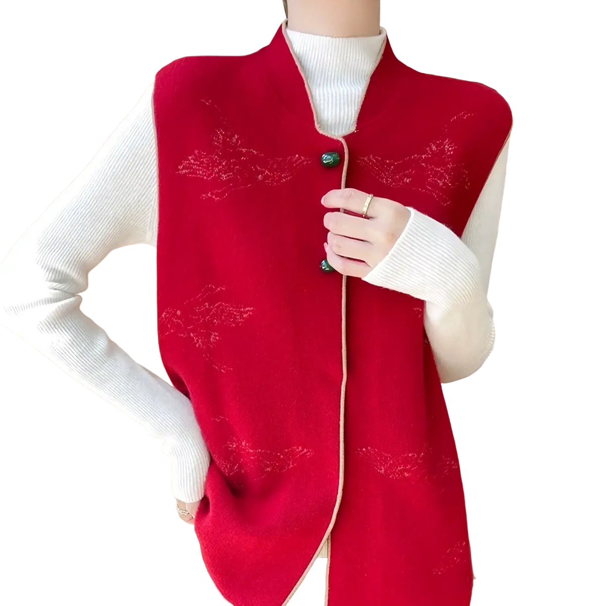 Wool embroidered vest women featuring a vibrant red knitted design with subtle patterns and green button accents