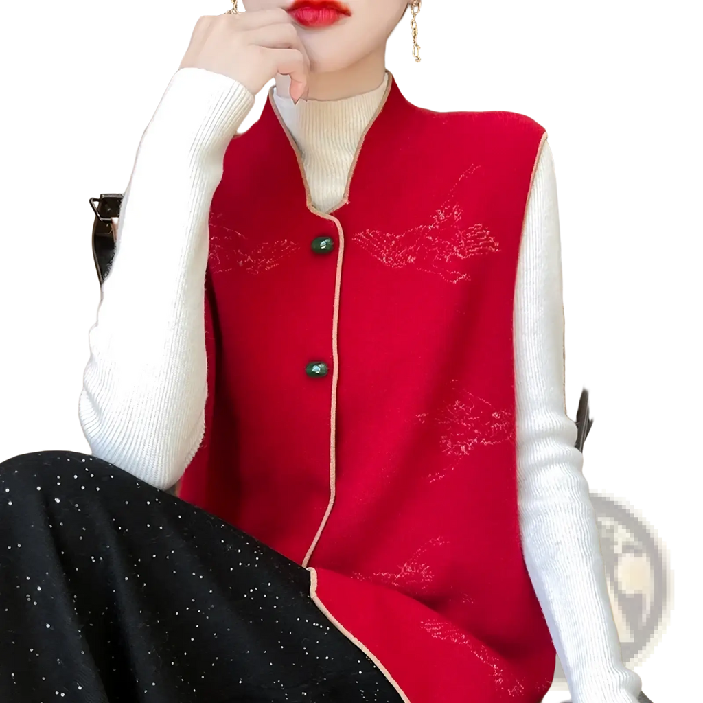 Vibrant red wool embroidered vest for women featuring delicate gold embroidery and green buttons