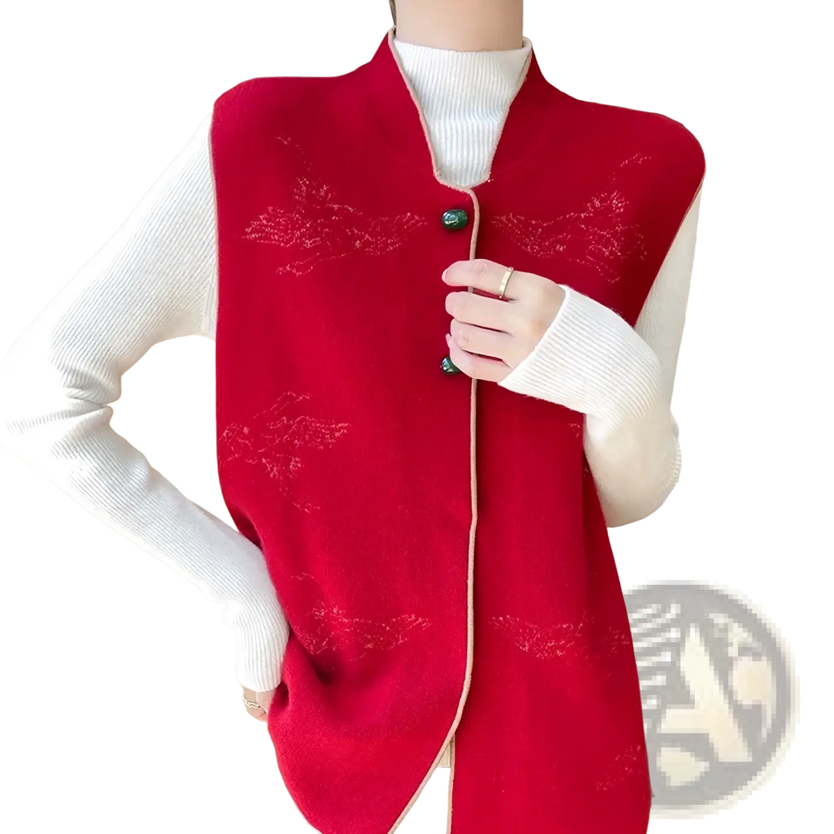 Wool embroidered vest women featuring vibrant red knitted fabric with subtle embroidered patterns and green button accents