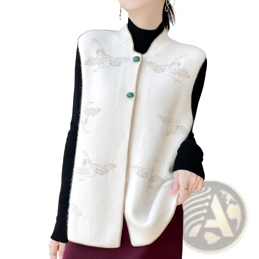 Cream-colored wool embroidered vest for women featuring delicate silver bird embroidery and jade green buttons
