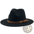 Black wool fedora hat with brown leather strap and buckle showcasing the front detail