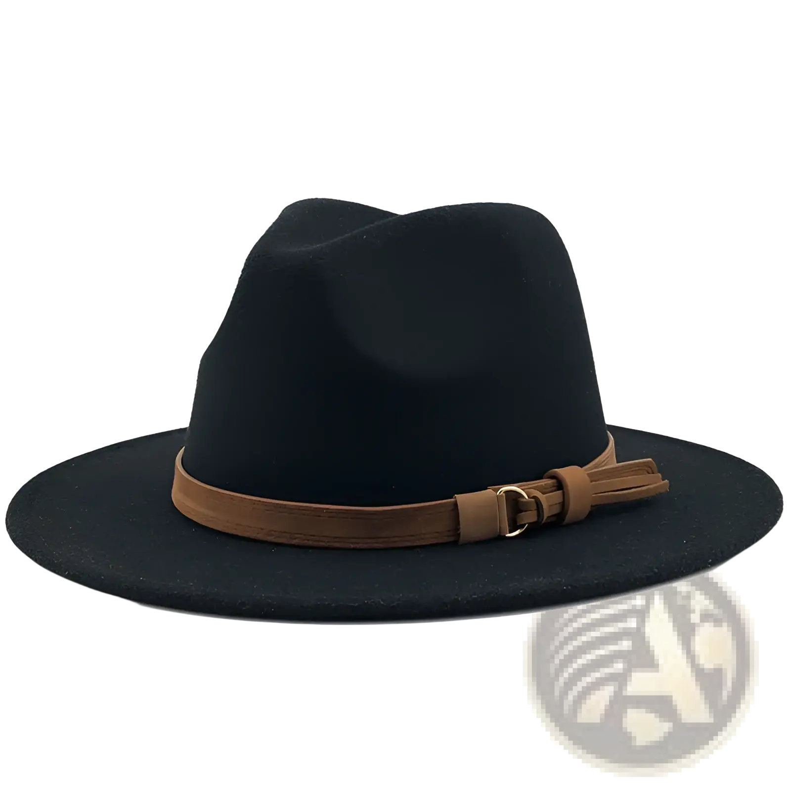 Black wool fedora hat with brown leather strap and buckle showcasing the front detail